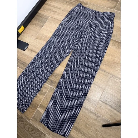 Theory Brilda Geo Print 100% Silk Pants Size 4 Navy White Zipper Closure - Picture 7 of 13